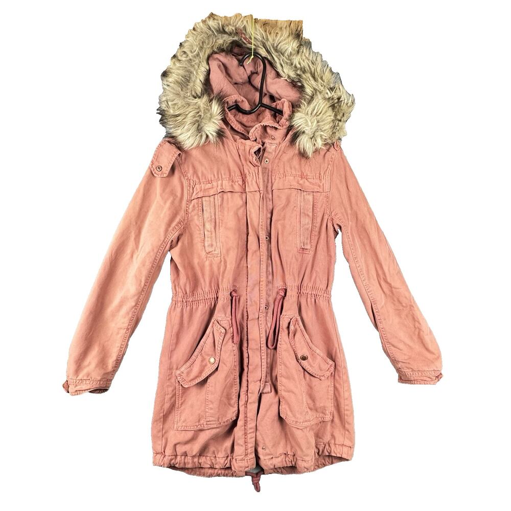AMERICAN EAGLE AE WOMEN'S CORDUROY LONG PARKA Pink COAT JACKET FUR Sz XS